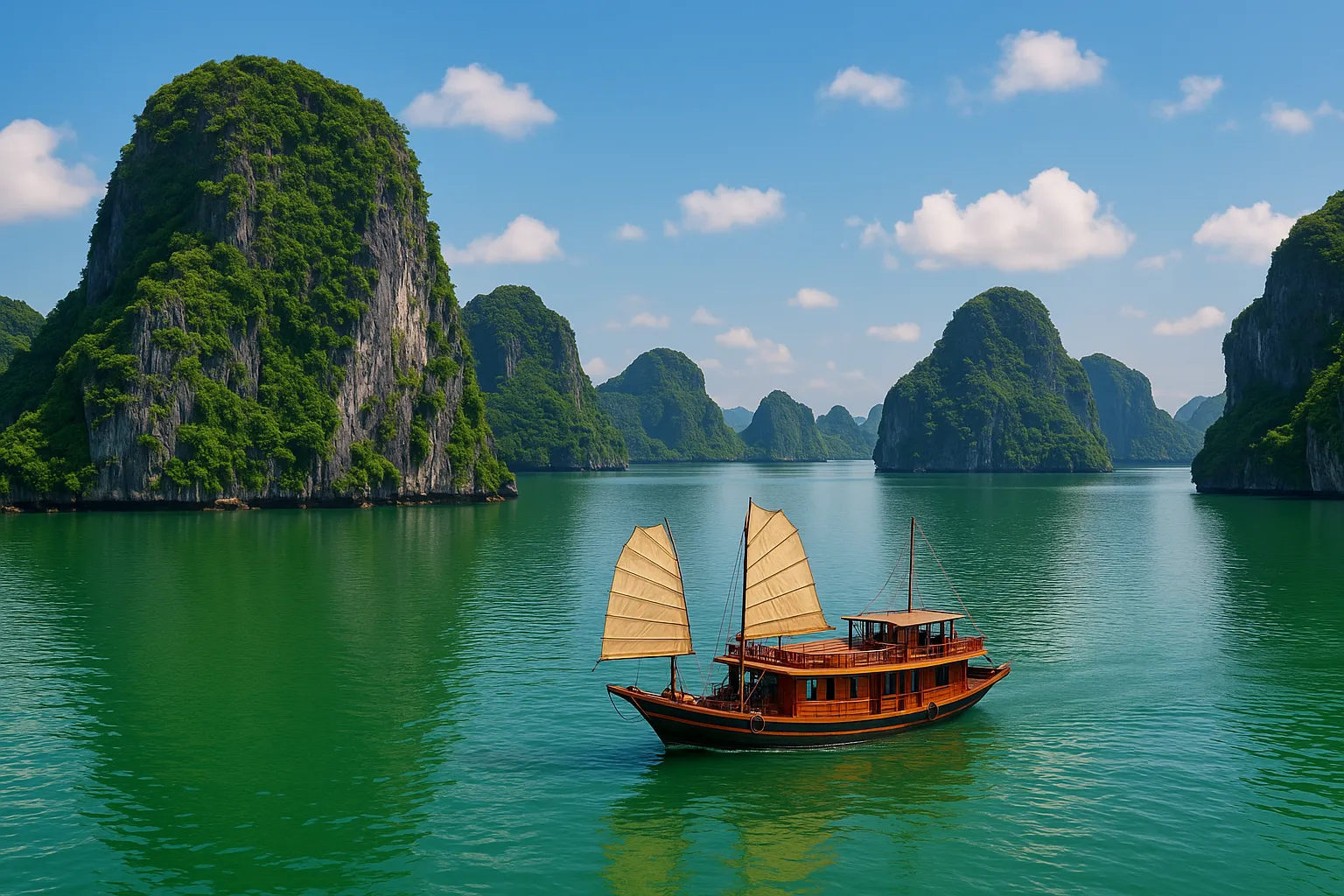Vịnh Hạ Long với những ngọn núi đá vôi kỳ vĩ và nước biển xanh ngọc