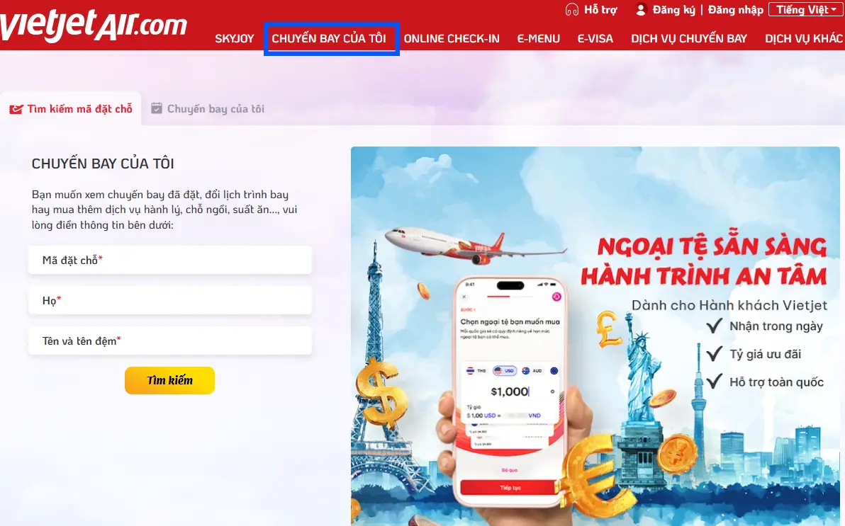 Cách tra cứu vé máy bay đã đặt của Vietjet Air