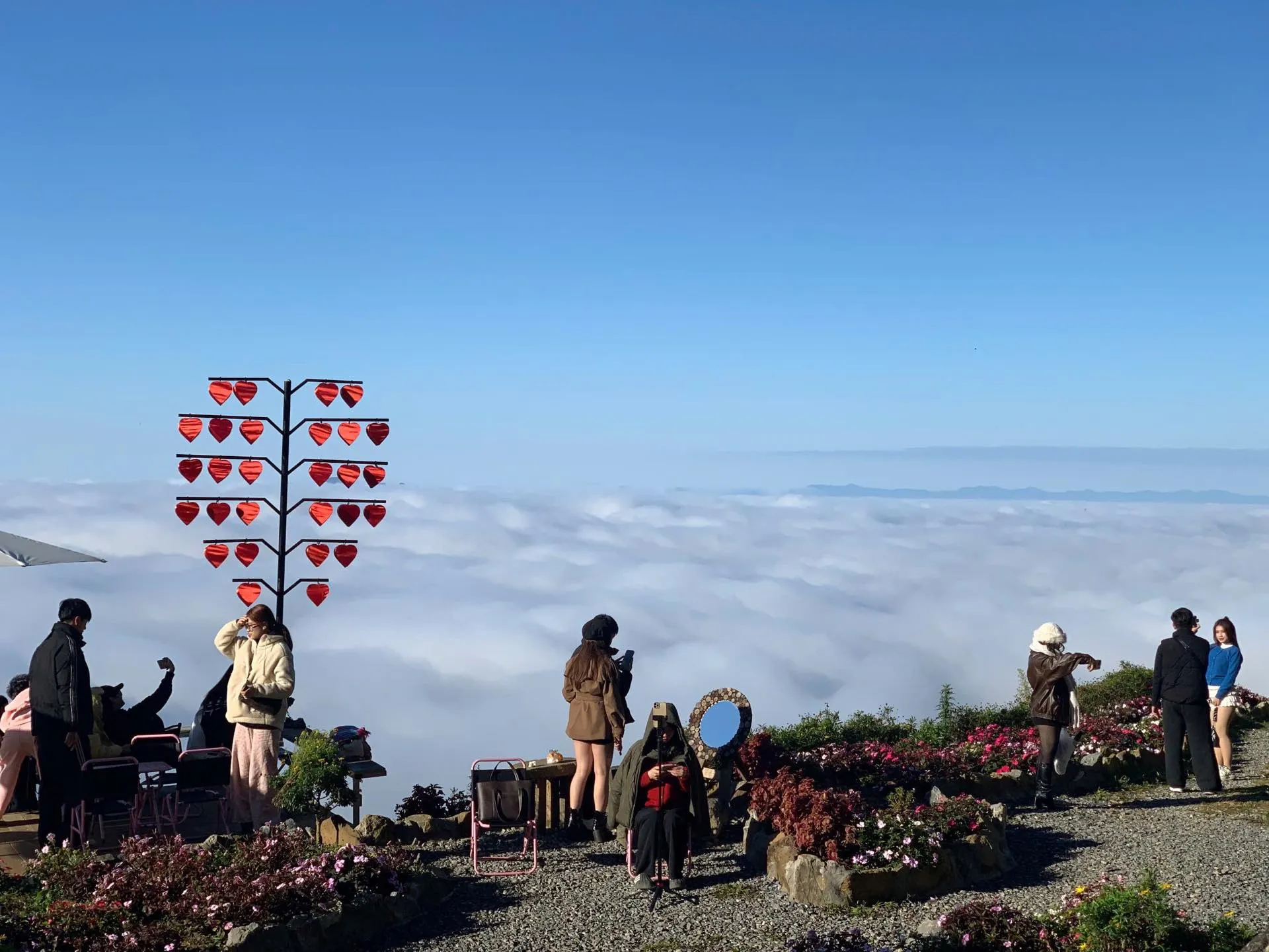 Du khách check-in săn mây tại Tà Xùa Sơn La với biển mây phía sau