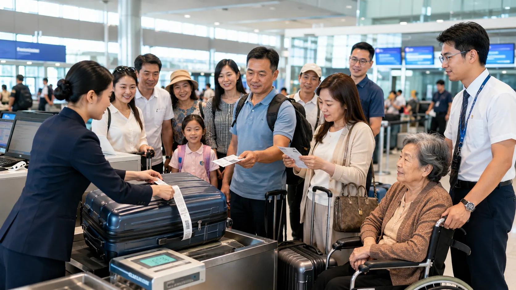 Nhân viên sân bay đang cân hành lý ký gửi cho khách tại quầy
