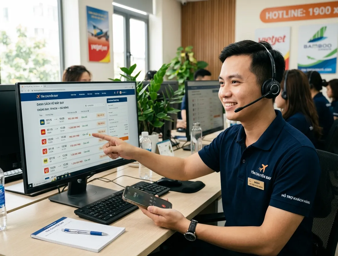 Đội ngũ Tìm Chuyến Bay hỗ trợ tận tâm khi khách hàng mua vé đoàn đông người.