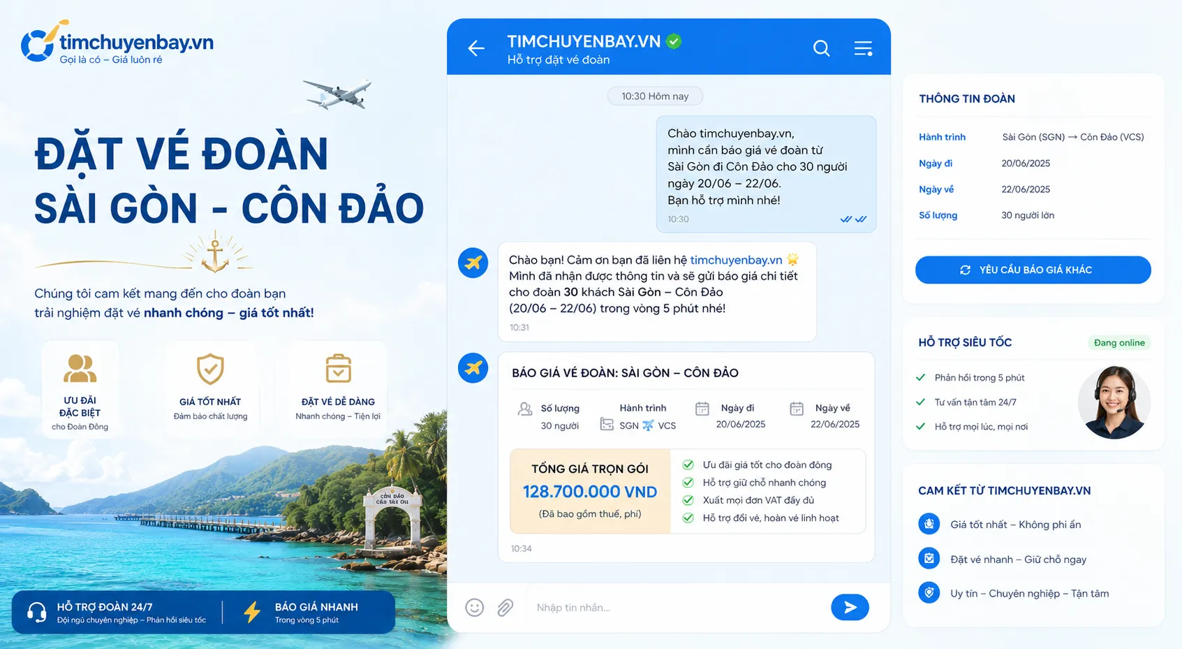 Báo giá hỗ trợ đặt vé máy bay theo đoàn TP HCM đi Côn Đảo nhanh chóng