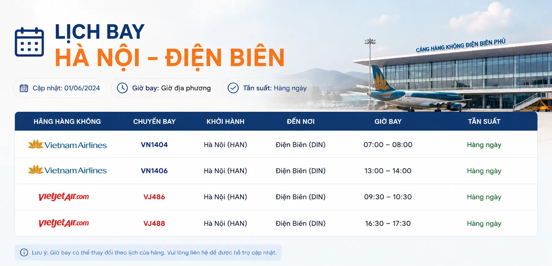 Lịch bay Điện Biên Hà Nội cập nhật hôm nay mới nhất