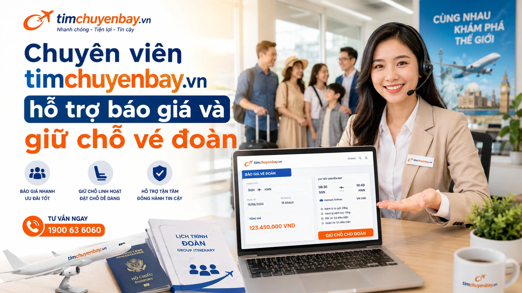 Chuyên viên timchuyenbay.vn hỗ trợ báo giá và giữ chỗ vé đoàn
