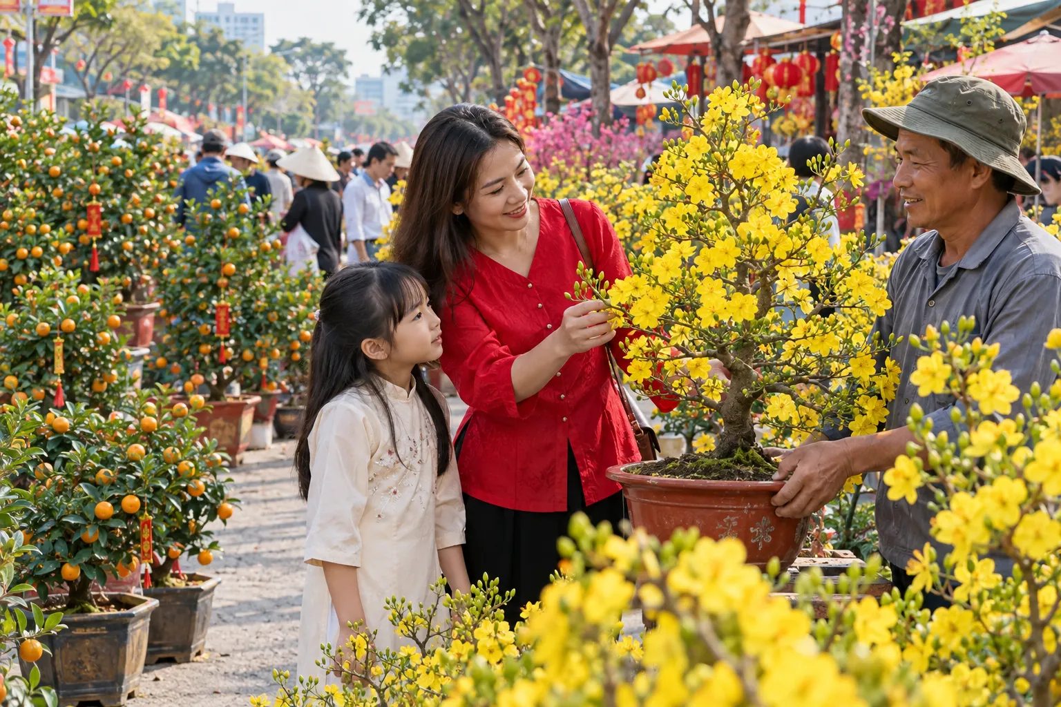 Chọn hoa mai tại chợ hoa Tết