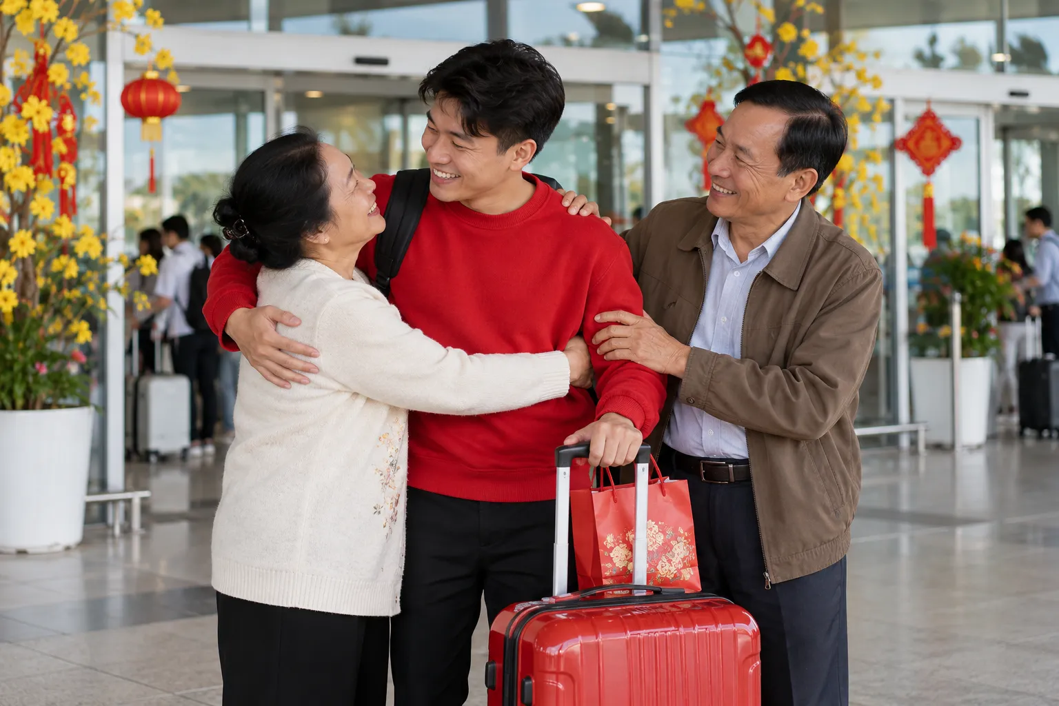 Đón người thân tại sân bay về quê đón Tết