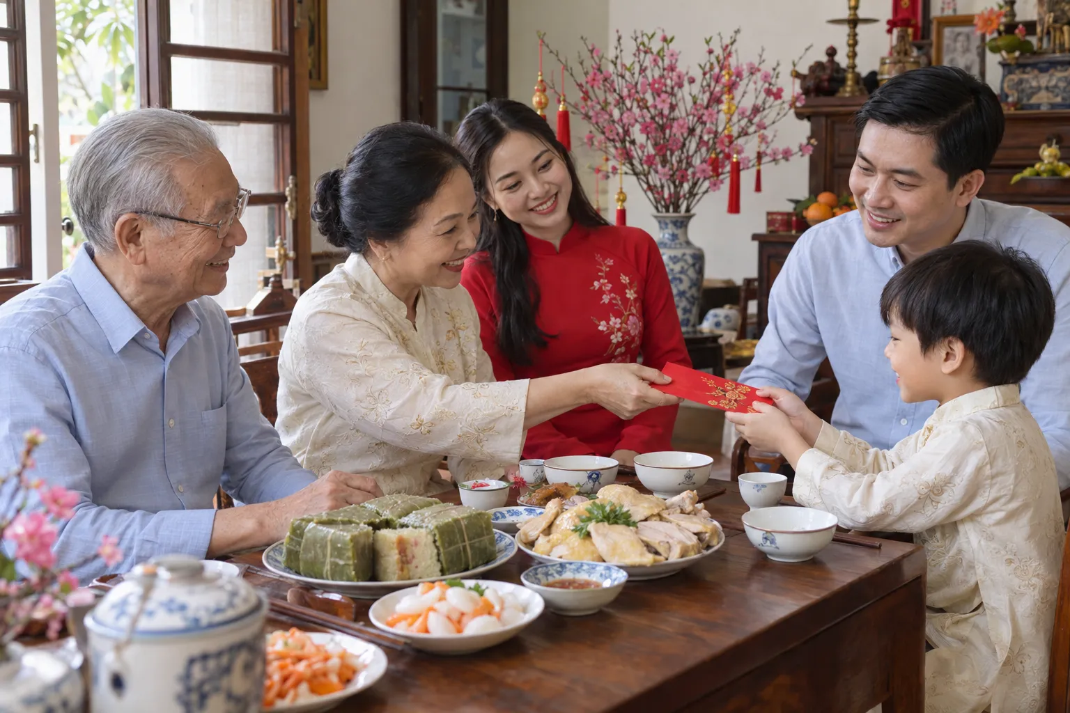Gia đình sum họp và trao lì xì bên mâm cơm Tết
