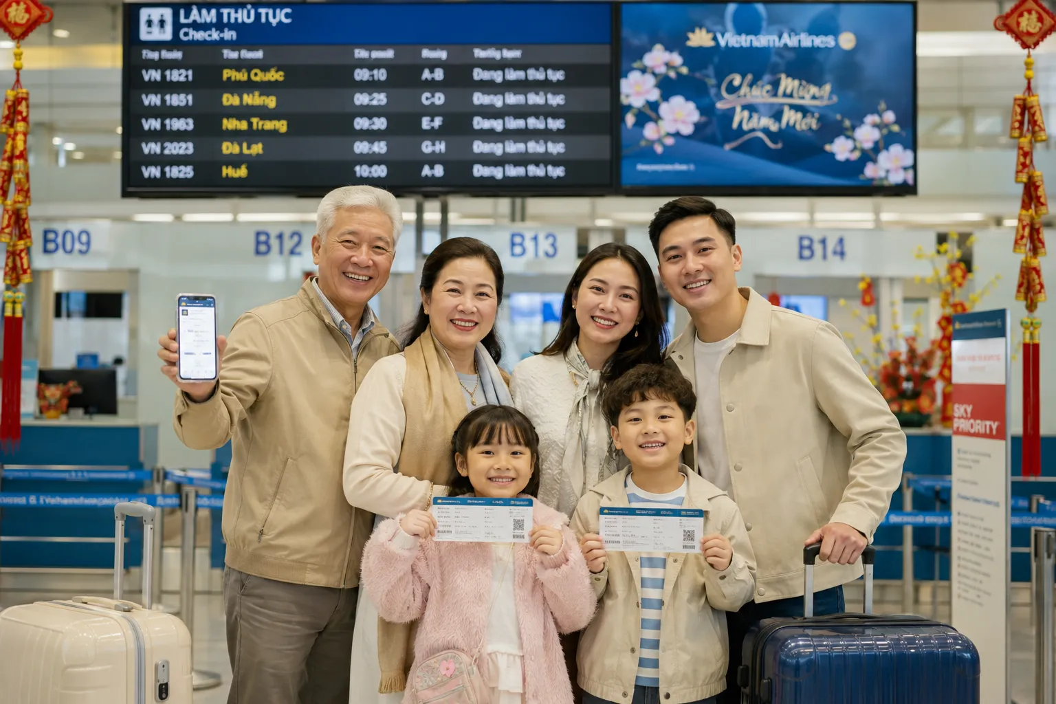 Cảnh check-in vui tươi của gia đình đi du xuân, một trải nghiệm tuyệt vời nếu đặt vé đúng cách.