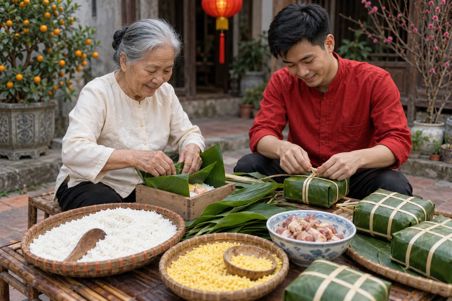 Gói bánh chưng cùng gia đình dịp Tết