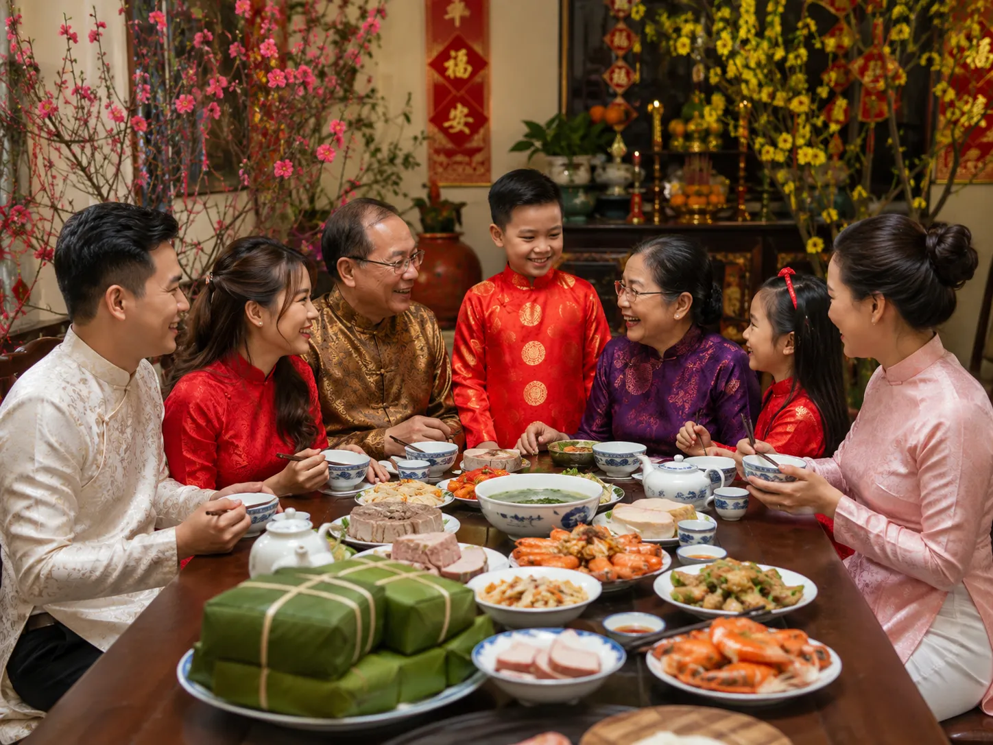 Mâm cỗ sum họp ngày Tết Việt Nam với bánh chưng củ kiệu và thịt kho hột vịt