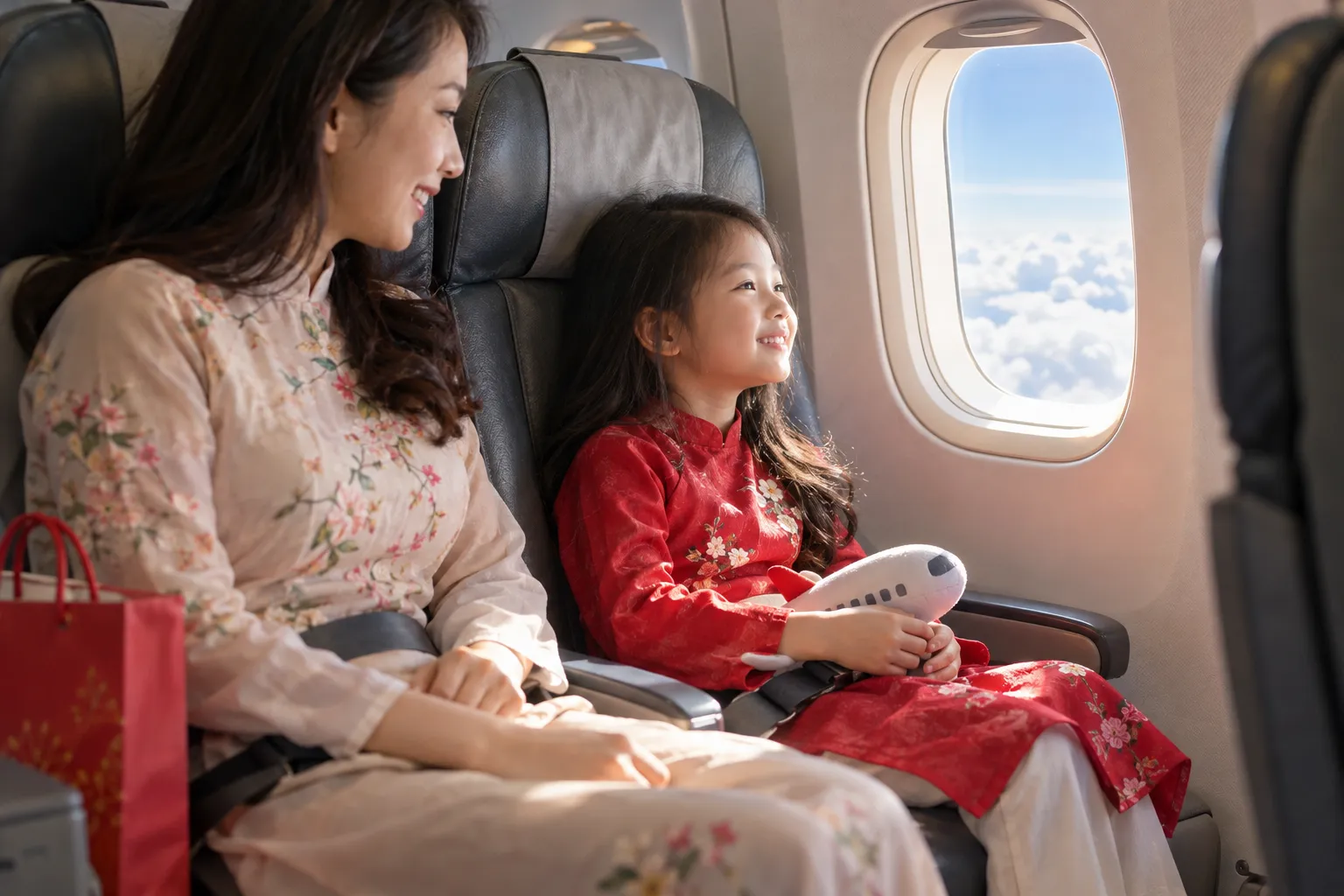 Bé ngắm mây trên chuyến bay về quê ăn Tết