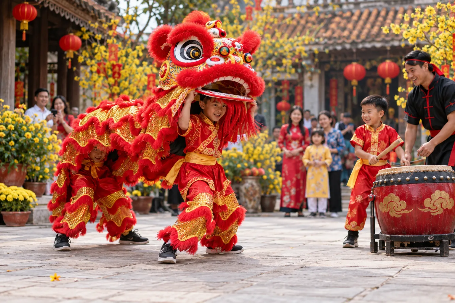 Đội múa lân nhí biểu diễn trong hội xuân