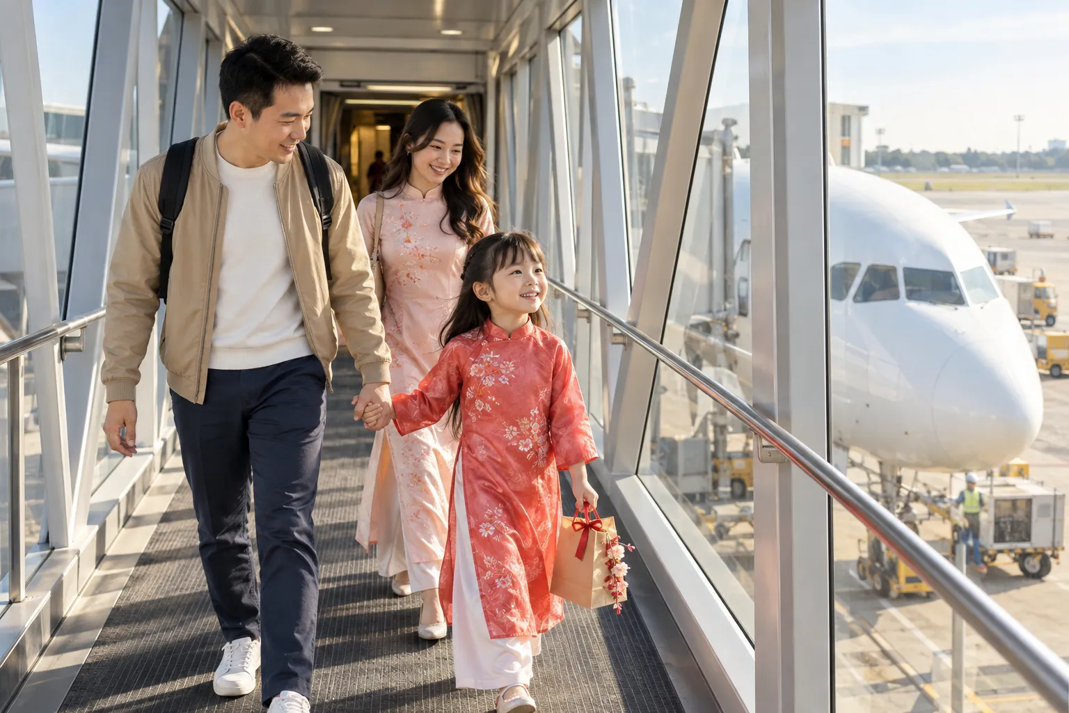 Bé cùng bố mẹ lên máy bay về quê đón Tết
