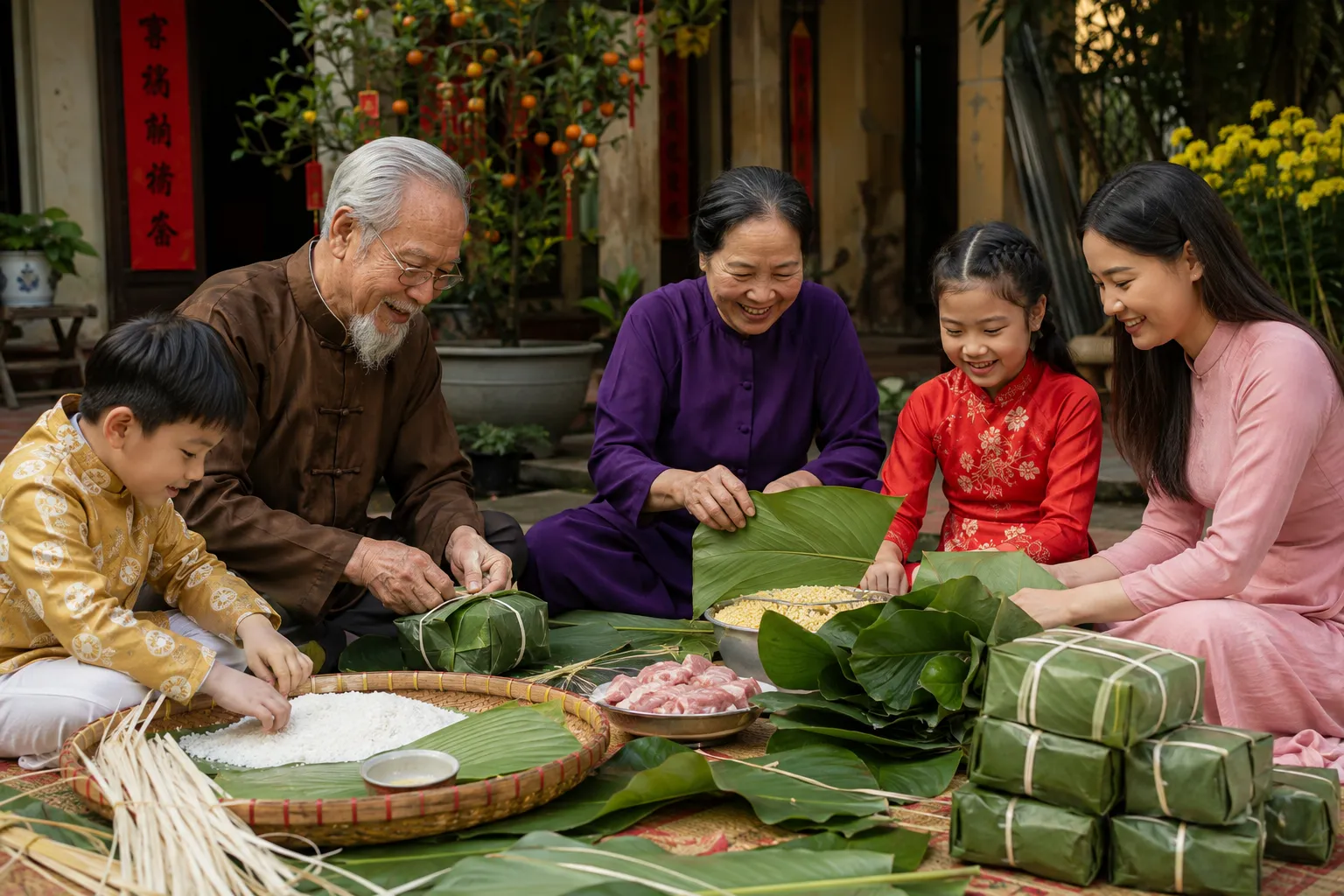 Gói bánh chưng đón Tết sum vầy cùng gia đình
