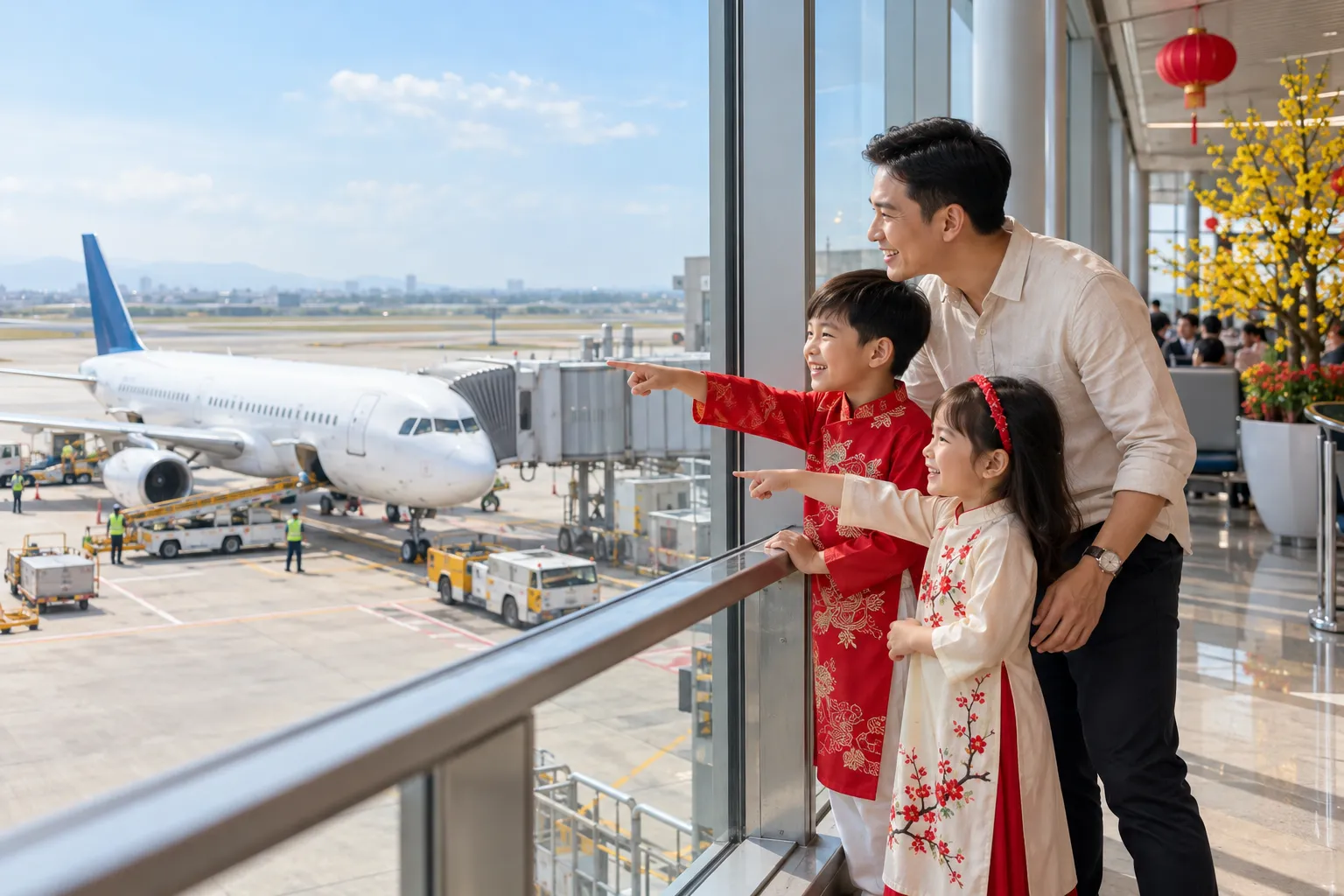 Hai anh em cùng bố ngắm máy bay tại sân bay dịp Tết