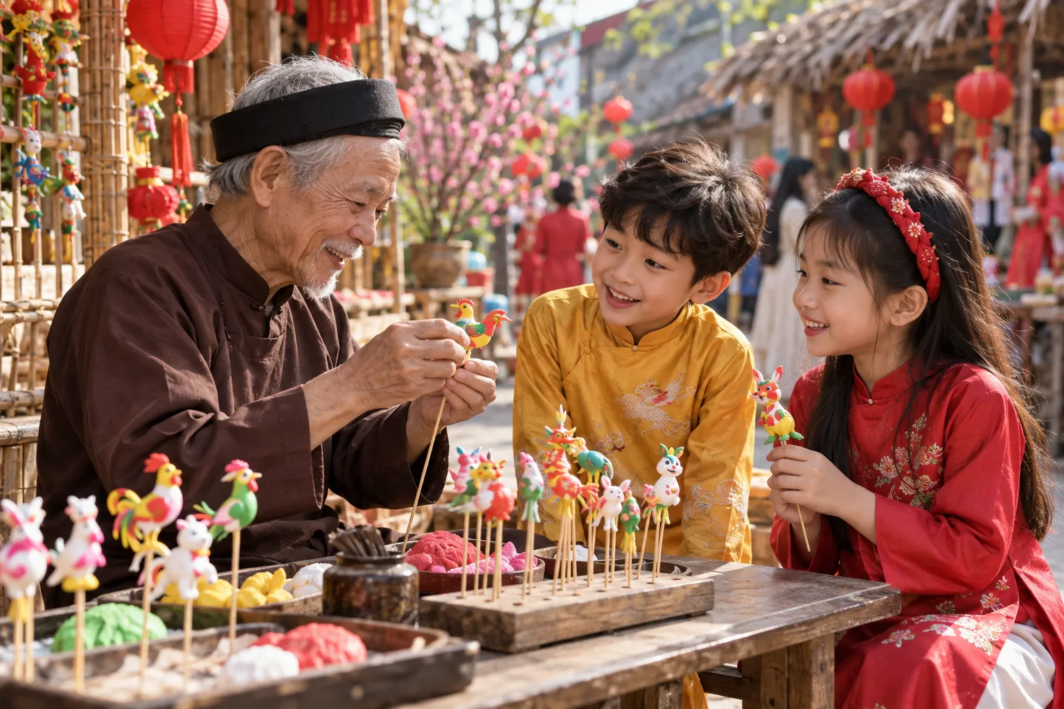 Trẻ em xem nghệ nhân nặn tò he tại hội xuân Tết
