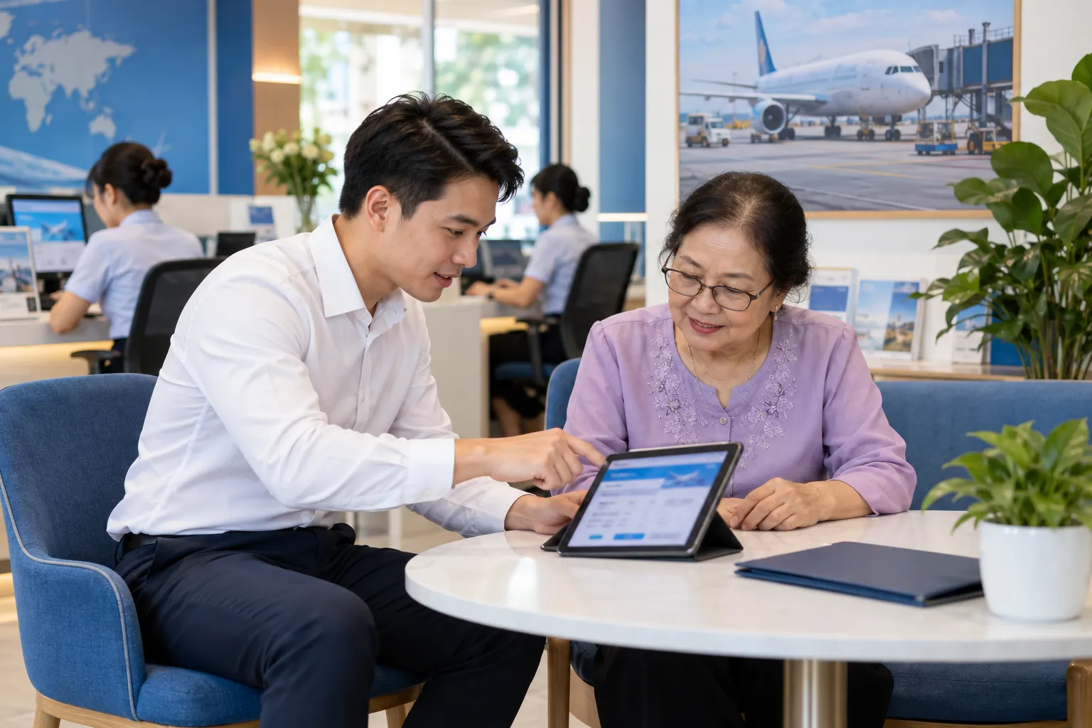 Nhân viên hướng dẫn khách lớn tuổi đặt vé máy bay