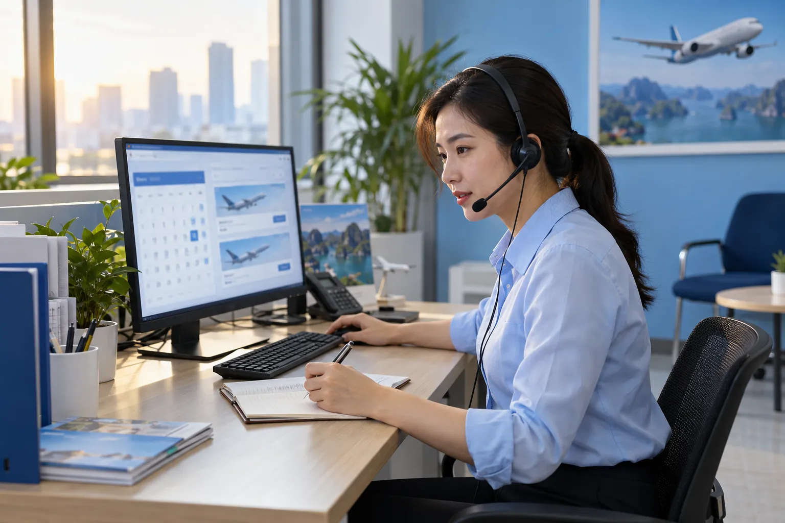 Nhân viên hướng dẫn khách kiểm tra vé máy bay điện tử