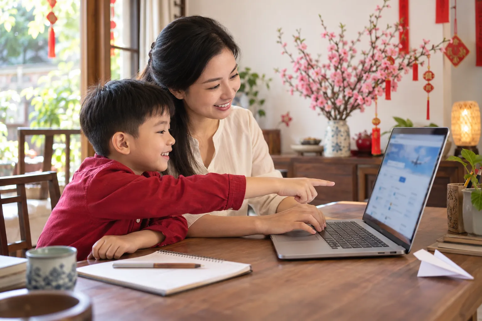 Mẹ cùng bé đặt vé máy bay Tết trực tuyến