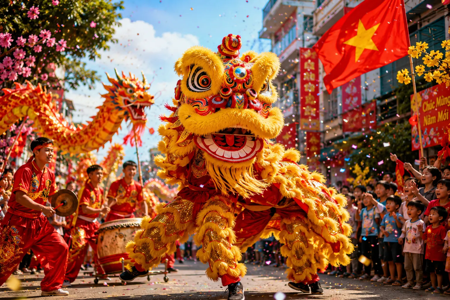 Đoàn múa lân sư rồng sôi động trên đường phố ngày Tết