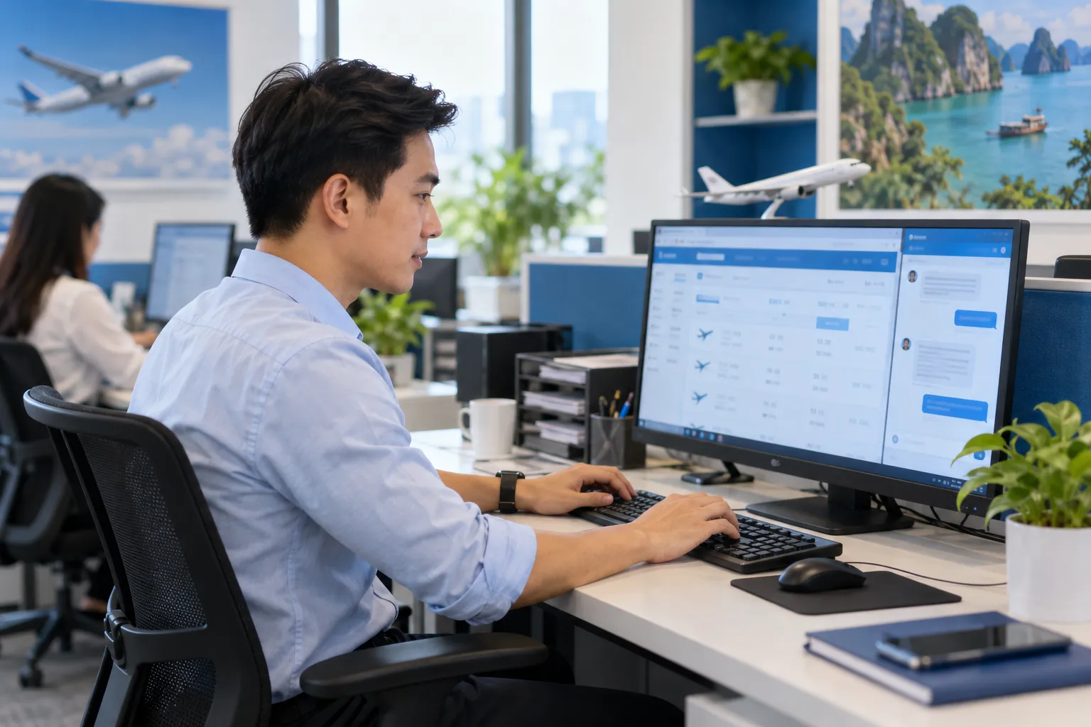Nhân viên hỗ trợ đặt vé máy bay qua chat trực tuyến