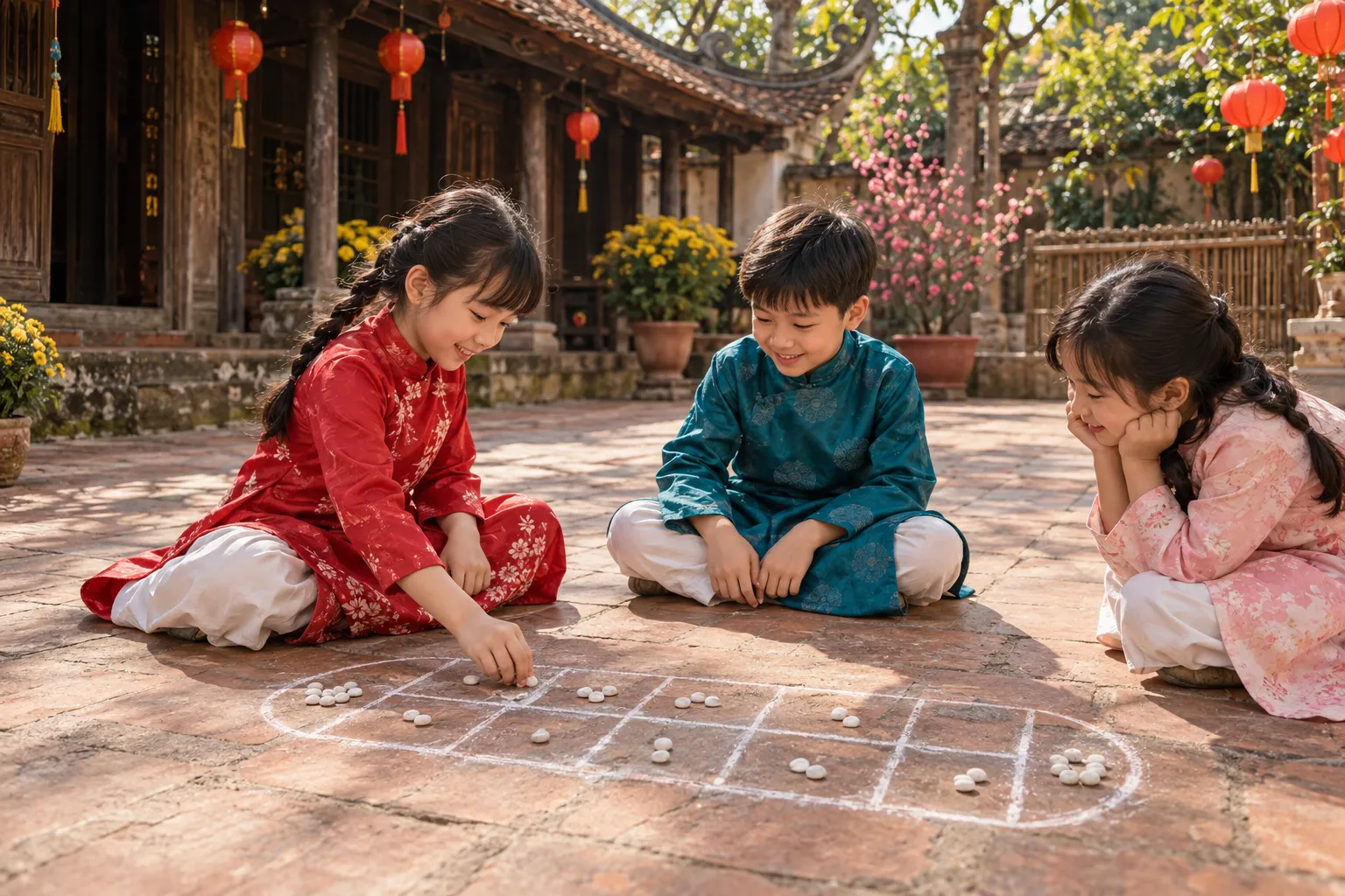 Trẻ em chơi ô ăn quan trong ngày Tết