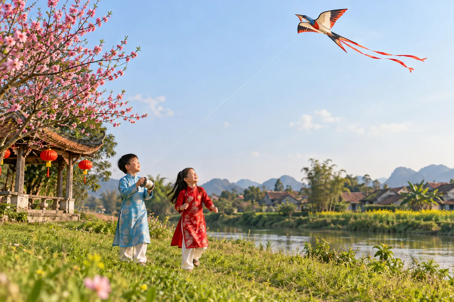 Trẻ em thả diều trong ngày xuânTrẻ em thả diều trong ngày xuân
