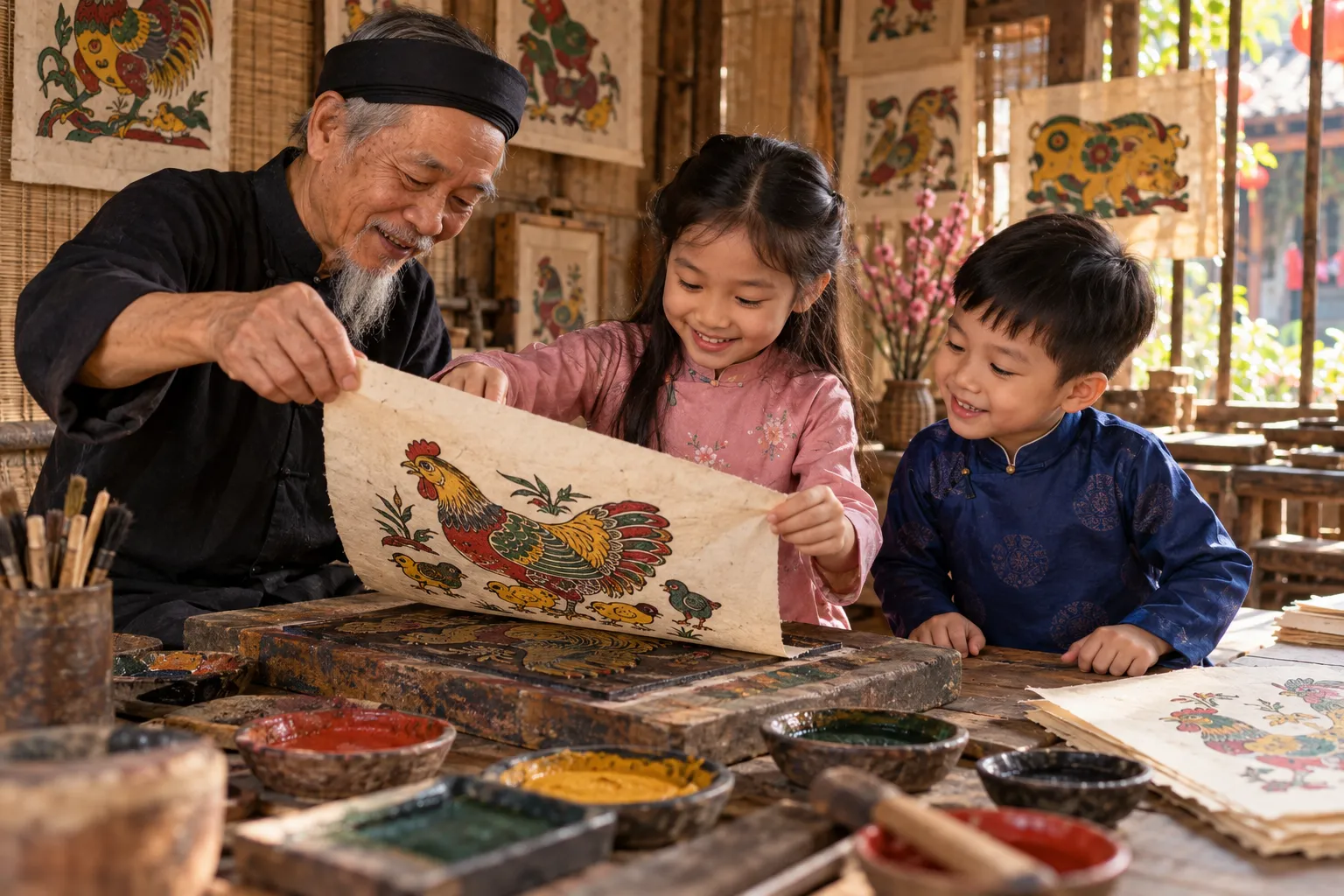 Trẻ em trải nghiệm in tranh dân gian Đông Hồ dịp Tết