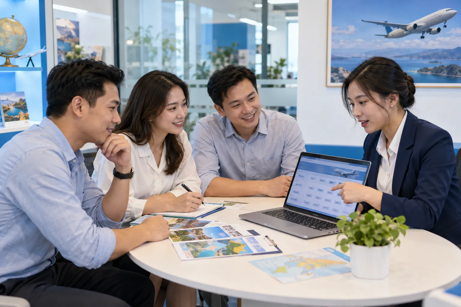 Nhân viên tư vấn đặt vé máy bay cho nhóm khách