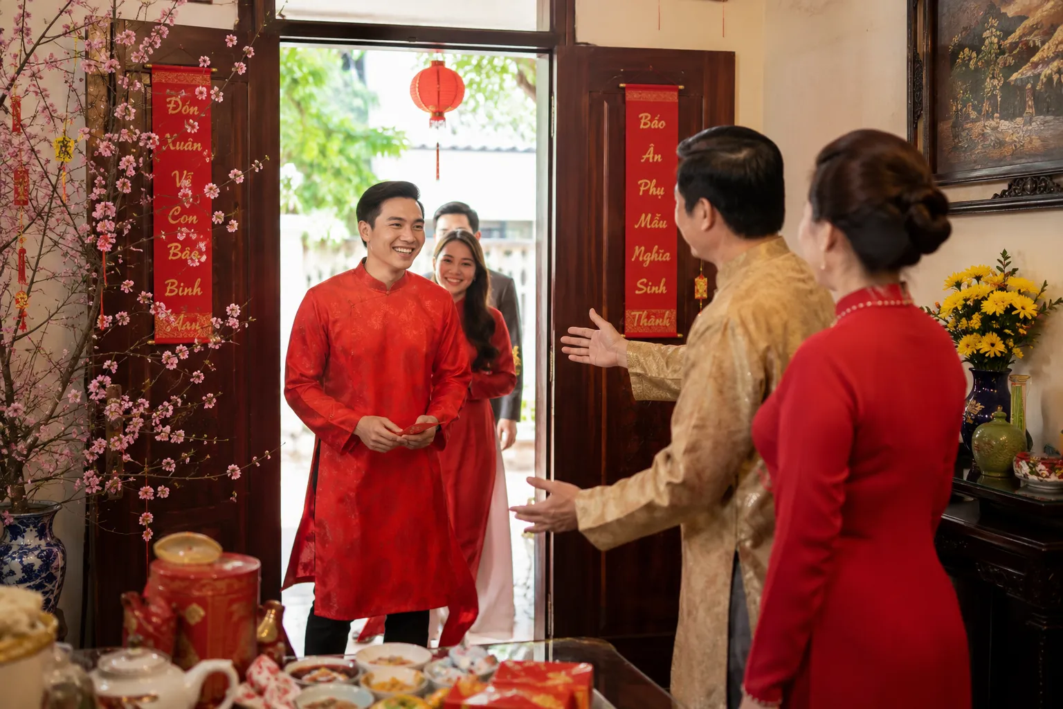 Xông đất mặc áo dài đỏ bước vào nhà đầu năm mới